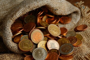 Burlap sack spilling cryptocurrency coins of bitcoin, ethereum, and litecoin onto a table