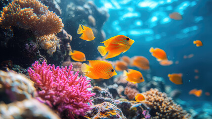 Fototapeta premium A thriving coral reef with colorful fish and marine biodiversity, crystal-clear ocean