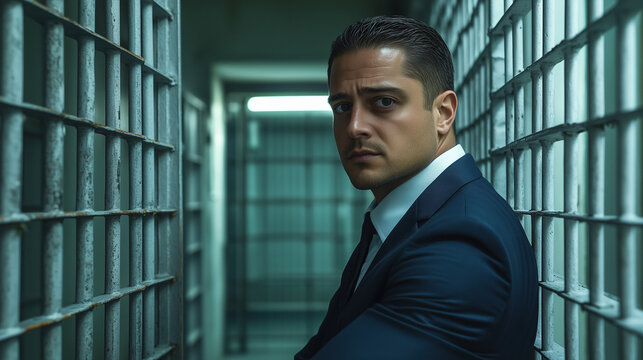A somber businessman in a dark blue suit sits against the cold bars of a prison cell, embodying the tension between despair and hope. He reflects on his choices and the concept of freedom lost