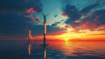 Obraz premium Futuristic floating offshore wind turbines with energy storage at sunset