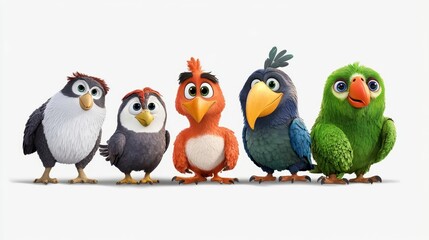 Fototapeta premium Colorful Cartoon Birds Standing Together on White Background