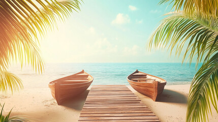 Wooden boats resting on the sandy beach with a wooden dock extending into the clear ocean, surrounded by palm trees, symbolizing coastal tranquility and tropical relaxation