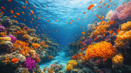 A thriving coral reef with colorful fish and marine biodiversity, crystal-clear ocean