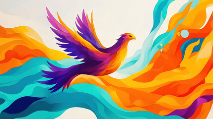 Obraz premium A vibrant bird soars in the sky with a Chinese symbol adorning its chest and wings