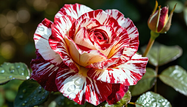 Whiter ose with crimson streaks in dewy morning light