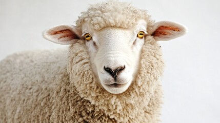 A detailed view of a sheep's face, featuring bright yellow eyes