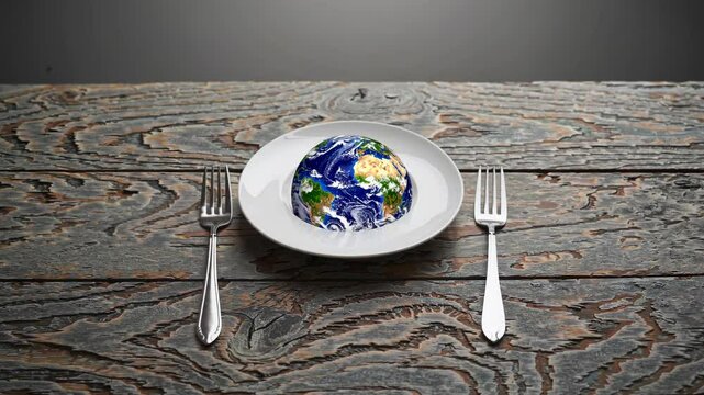 Planet earth rests on a white plate with forks on each side, symbolizing consumption, environmental awareness, and the need for sustainable practices on a rustic wooden table