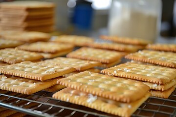 Freshly baked square crackers cooling on a metal rack