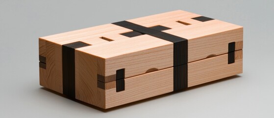 A wooden box with a black band around it.