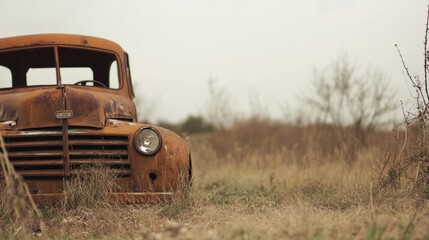 Fototapeta premium Rusty truck in field, autumn landscape, rural scene, vintage vehicle