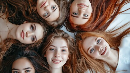 Obraz premium A delightful gathering of six friends, each radiating happiness, as they lie on a plush surface, their faces framed by flowing hair. Sunlight enhances their smiles, creating a warm atmosphere