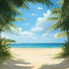 Obraz premium Tranquil tropical beach with palms and clear blue sky