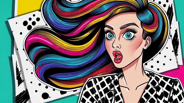 Pop art illustration of a surprised fashionable woman with rainbow-colored hair, open mouth, and blue eyes, set against a vibrant, geometric background