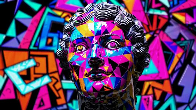 Low poly bust sculpture bursting with vibrant colors, set against a graffiti background, merging elements of pop art while blending classicism and modernity in a striking visual expression