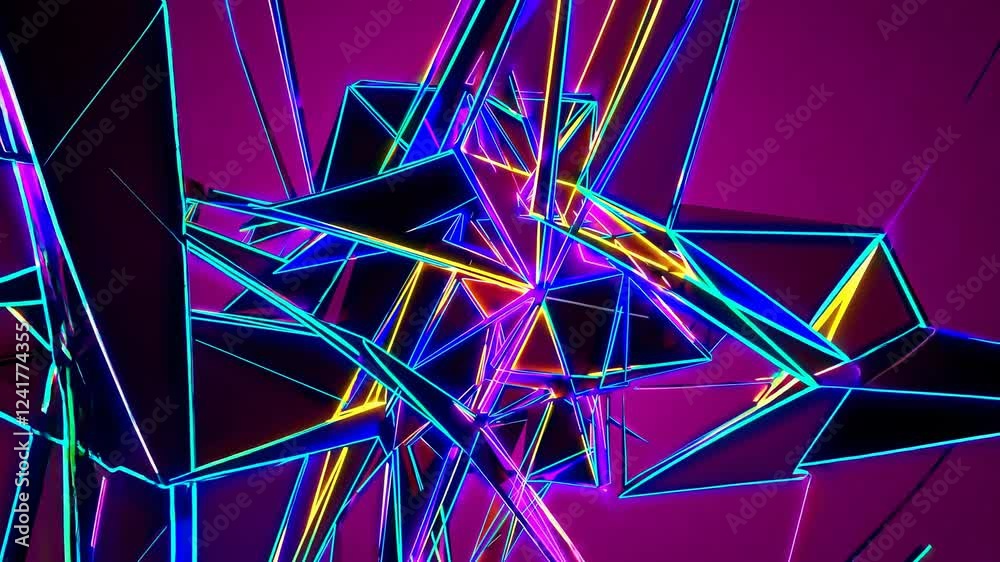 Wall mural glowing neon triangles create a vibrant, dynamic abstract design, exploding outwards against a rich 