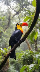 Photograph of a toucan sitting on a branch in a rainforest
