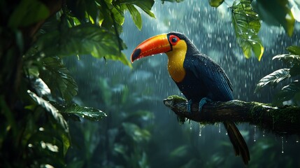 Obraz premium Photograph of a toucan sitting on a branch in a rainforest 