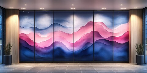 Colorful abstract mural in a modern lobby showcasing flowing waves of pink and blue hues during the afternoon light