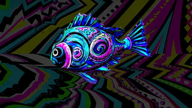 Vibrant and surreal artwork featuring a fish with intricate patterns, set against a backdrop of bold memphis design elements, creating a visually captivating and dynamic composition