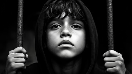 A young man in a hood stares intensely through prison bars, embodying the struggle of being locked away. His expression reveals deep emotions and a yearning for liberation