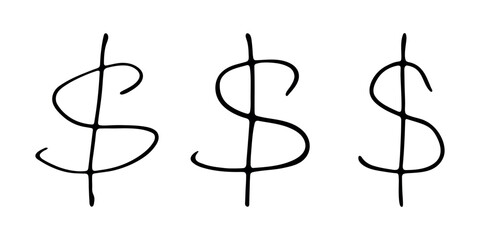 Hand drawn dollar currency symbol set Brush stroke doodle Single element for design