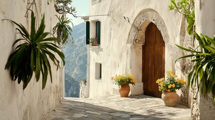   Cobblestone road with pots flanking structure and wooden entrance beyond