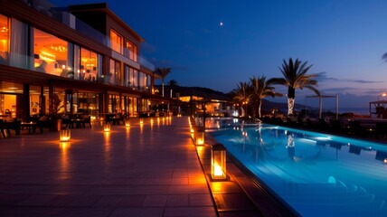 Hotel luxury outdoor swimming pool. Paradise. Tourism. Travel. Relaxation. Calmness. Vacation.	
