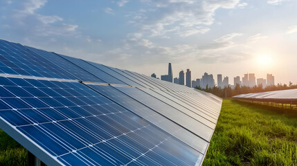 Obraz premium Cityscape sunset, solar panels, renewable energy