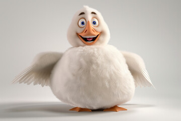 A 3D animated cartoon render of a smiling, cute goose character, with soft white feathers and bright