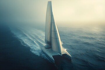 Futuristic catamaran with sleek sails cutting through the misty ocean at high speed

