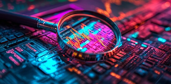 A single magnifying glass zeroes in on complex financial charts and graphs littered on a disorganized desk, examining market trends and economic indicators