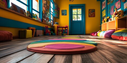 A vibrant space in a kindergarten or daycare center, adorned with colorful toys and educational resources, designed for young children to engage in recreational learning