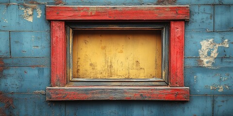 Naklejka premium Vibrant wooden window frame against a weathered blue wall with rustic charm