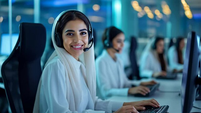 A diverse group of women in white attire engage in collaborative tasks at computers, wearing headsets in a well-lit, contemporary office. Their focus suggests a dynamic and active work environment.
