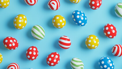 Multicolored painted eggs with designs floating on a blue backdrop. Easter greeting card. Banner.