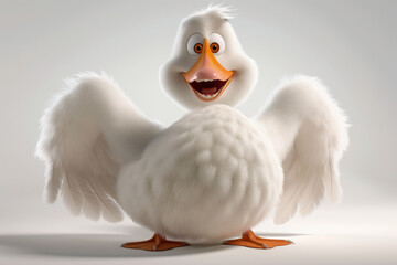 A 3D animated cartoon render of a smiling, cute goose character, with soft white feathers and bright
