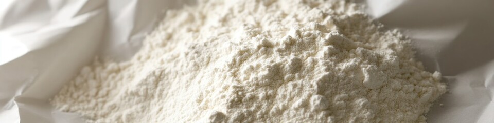 A pile of flour sits on top of a piece of paper, potentially used for baking or art