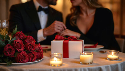 Man and woman are sitting at a table with a white box in front of them. The man is holding the woman's hand and they are both smiling. The table is set with a white plate, a wine glass