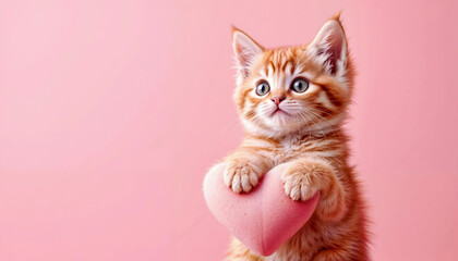 Cute orange kitten is holding a pink heart in its mouth. Concept of warmth and affection, as the kitten is holding a symbol of love