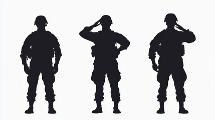 Naklejka premium Three Soldiers Silhouette - Military, honor, duty, service, patriotism. Silhouetted soldiers against a white background represent strength and dedication.