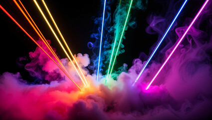 Vibrant Neon Light Beams Piercing Through Rainbow Smoke Cloud in Dark Background