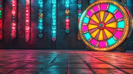 Solitarily on the brightly illuminated stage, the vibrant game show wheel is embellished with numerous colorful prizes and tantalizing dare cards, suggesting intense challenges and thrilling
