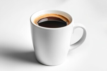 Fototapeta premium A simple yet inviting scene of a cup of coffee on a white table, perfect for adding a touch of warmth and comfort to your design or project