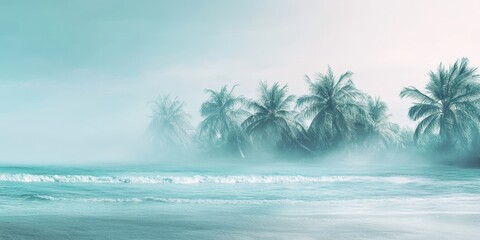 Obraz premium A tranquil beach scene with gentle waves, sandy shores, soft fog, and palm tree silhouettes captures the essence of a serene summer getaway, soothing the soul and inviting relaxation