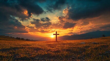 Obraz premium A lone wooden cross, standing tall in a verdant meadow illuminated by warm sunlight, signifies hope, faith, and spiritual devotion