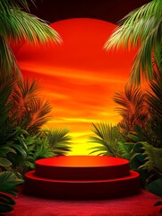 Obraz premium Tropical Sunset Display Platform - Red platform for product display, set against a vibrant tropical sunset backdrop with palm trees. Ideal for summer, vacation, or product promotion.