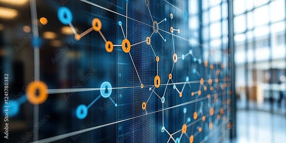 Poster visual representation of network data on a large screen in a modern office environment during daytim