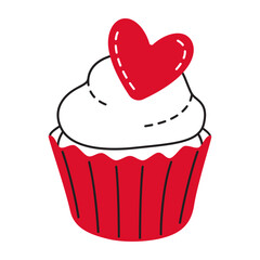 Cupcake with heart doodle style Hand drawn trendy flat style love isolated icon Romantic symbol of love for web graphic design poster tattoo Valentines Day Greeting card line art Vector illustration