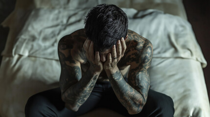 Fototapeta premium A tattooed man in his late twenties sits on a bed in a stark prison cell, his head in his hands, conveying deep feelings of despair and longing for freedom. The environment emphasizes his isolation