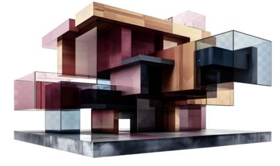 Modern architecture of stacked cubic volumes of wood, glass and metal, transparent and reflective surfaces, asymmetrical and fragmented design with warm tones of wood and cool tones of glass and metal